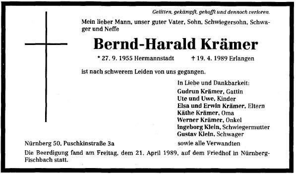 Kraemer Bernd Harald 1955-1989 Todesanzeige